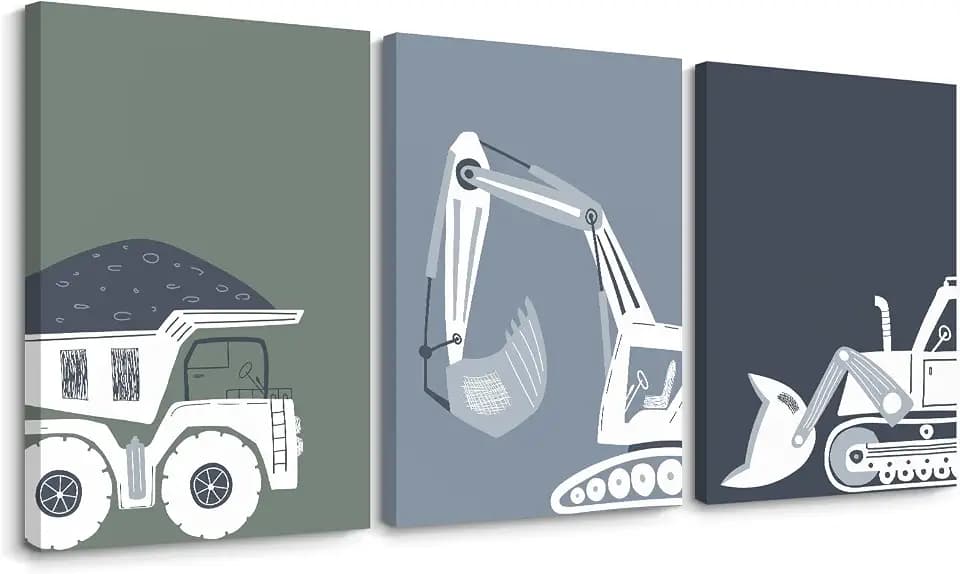 Construction Truck Wall Art Decor Toddler Boys Room Canvas Wall Art Tractor Vehicle Posters Dump Truck Wall Art Kids Bulldozer Pictures Nursery Prints for Boys Bedroom 12x16x3 Inch Wrapped Canvas