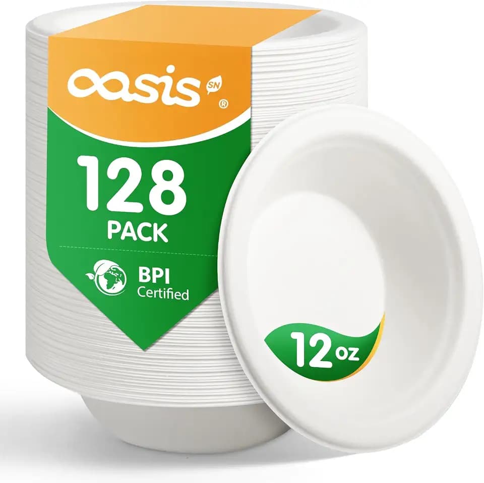 12 oz 128-Pack Compostable Soup Bowls, Disposable Paper Bowls for Soup, Cereal & Oatmeal, Heavy-Duty Bagasse Bowls, Microwave & Freezer Safe, Eco-Friendly (White)