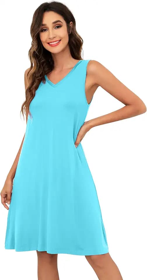 WiWi Bamboo Nightgown for Women Sleeveless Sleepwear Lightweight V Neck Sleep Shirt Plus Size Sleep Dress S-4X