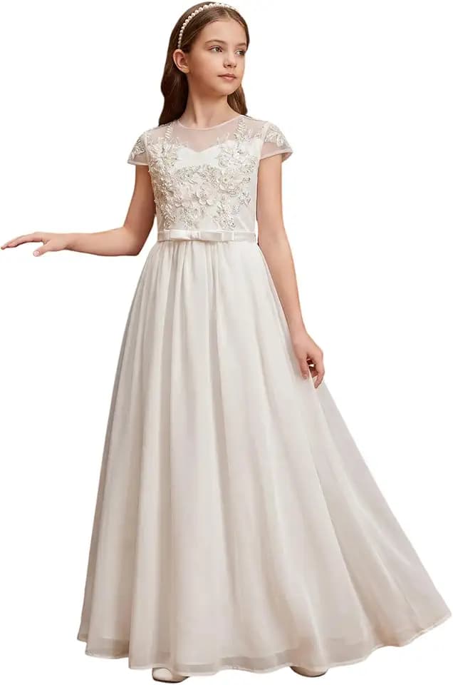 ABaoWedding Elegant Girls White Flower Girl Dress, Lace Chiffon A-line First Communion Dress with Cap Sleeves
