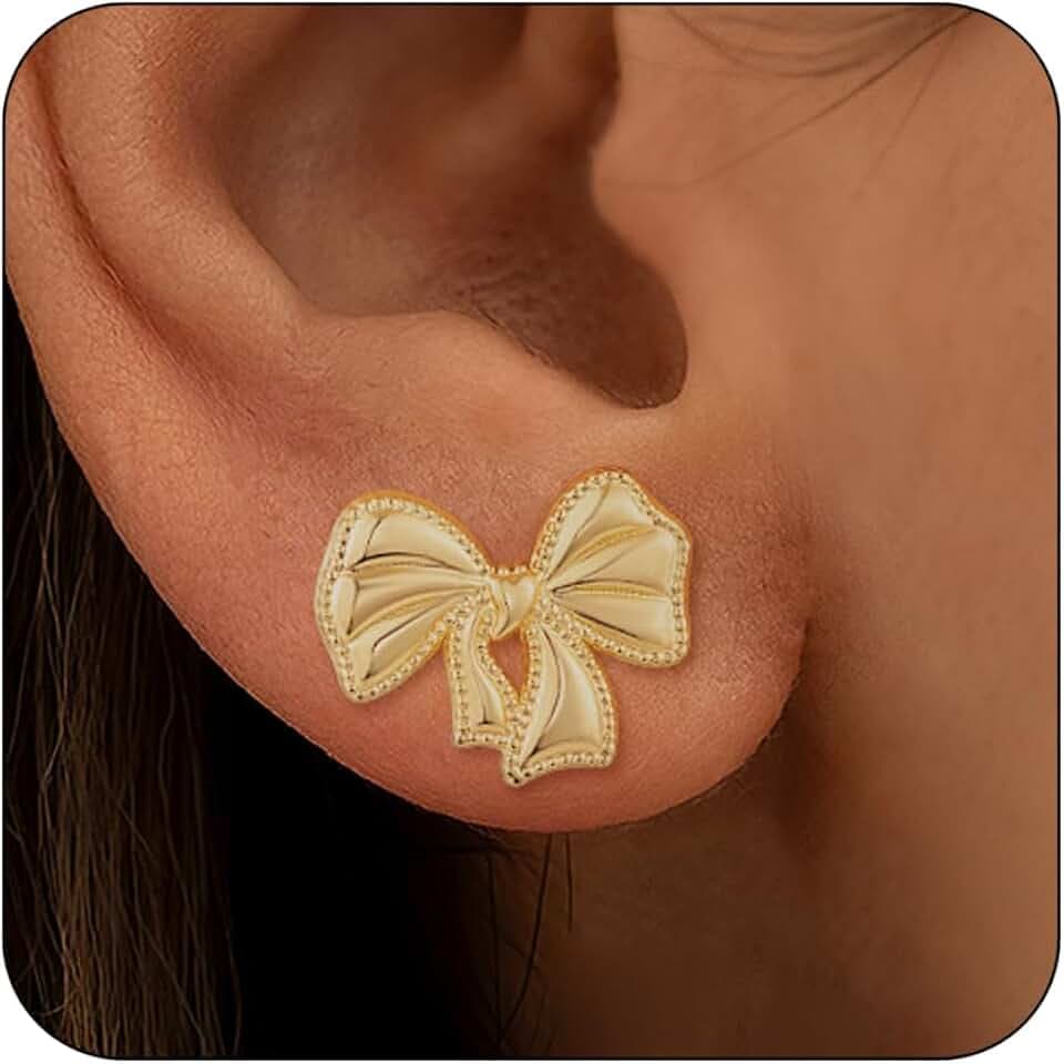 Hypoallergenic Gold Plated Bow Earrings for Women, 14K Gold Plated Stud Earring for Women Trendy, Dainty Non Tarnish Ribbon Bow Earrings for Women Jewelry Gifts