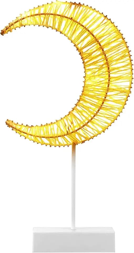 Lewondr Decorative Table Lamp, Battery Powered Christmas Moon Shape Ramadan Desk Lamp, Winding Thread Warm LED Crescent Light Xmas Home Bedroom Romantic Bedside Desktop Nightstand Decoration - White