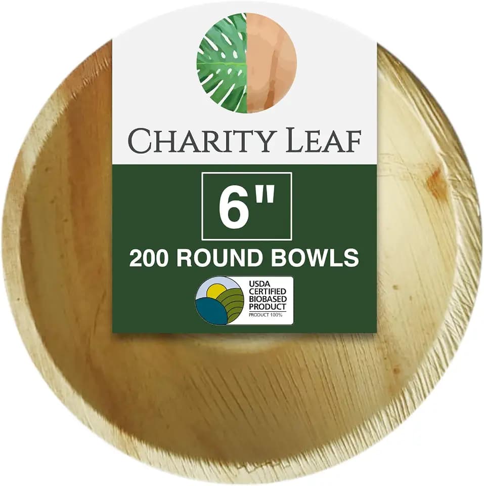 Charity Leaf Disposable Bamboo 6" Round Bowl (200 pcs) Dipping Bowls | Bamboo | All Natural and Biodegradable | Charcuterie Boards, BBQs, and Parties