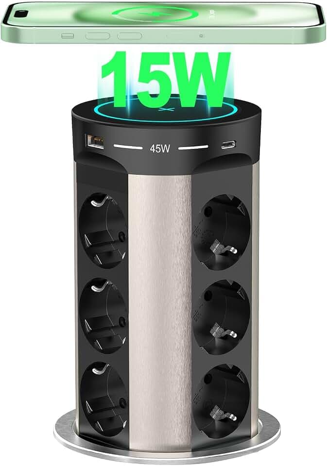 Versenkbare Tischsteckdose mit USB C PD75W, 12 Fach Einbausteckdose Versenkbar mit 15W Kabelloses Laden, Tisch Steckdosenleiste für Arbeitsplatte Küche, 2M Kabel, D 100MM
