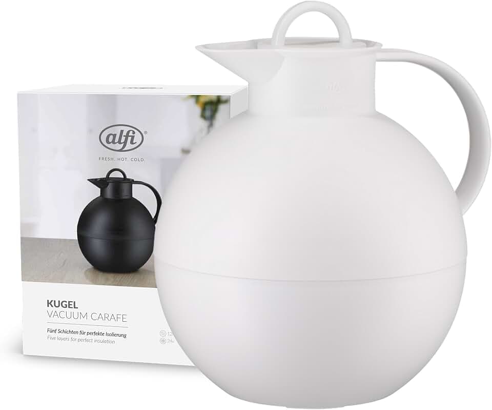 alfi KUGEL Isolierkanne weiß 0,94l, 12h heiß & 24h kalt, hygienischer Hartglaseinsatz, Drehverschluss, ideal als Kaffeekanne, Teekanne