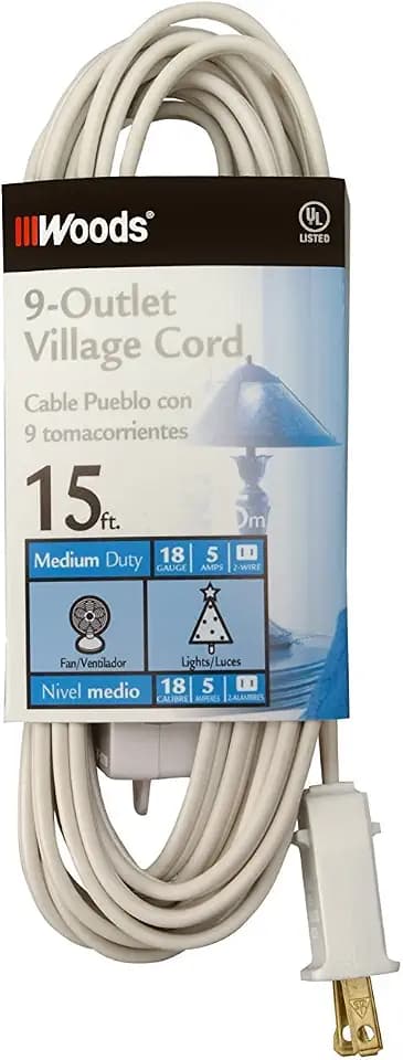 Woods Light Duty Extension Cord, 15Ft, 18/2, SPT-2, Indoor Household Cord, 9 Outlets, White, 2188