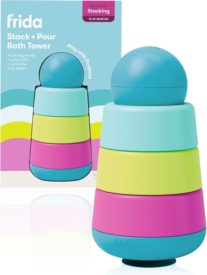 Frida Baby Stack + Pour Bath Tower Toy for Toddlers, Color Recognition, Fun