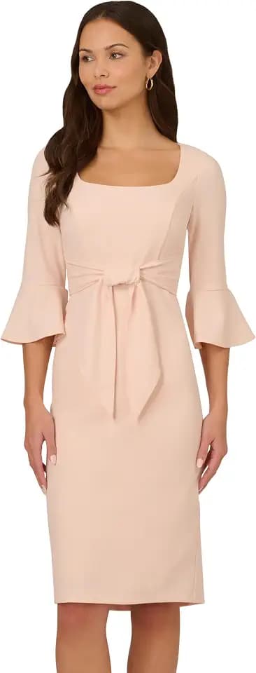 Adrianna Papell Stretch Crepe Bell Sleeve Dress with Scoop Neck & Tie Front