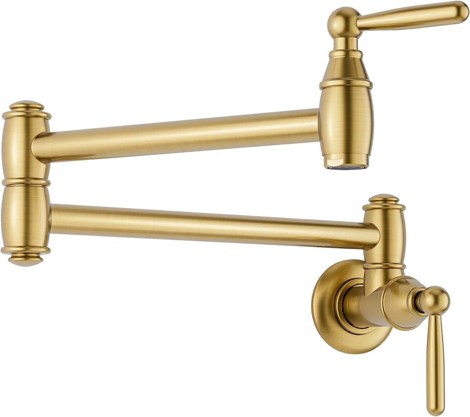 Gold Pot Filler Wall Mount, ARCORA Pot Filler Faucet 2 Handle with Double Joint Swing Arms Brass Stove Faucet
