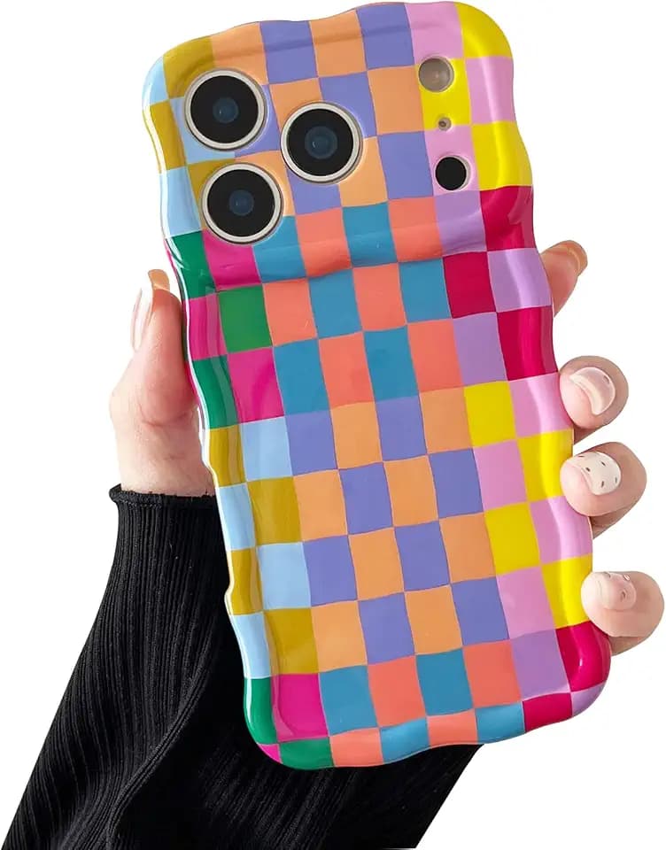 Compatible with iPhone 17 Pro Case, Cute Wave Curly Colorful Checkerboard Plaid Pattern Cover for Women, Soft TPU Shockproof Protection Case Compatible for iPhone 17 Pro (Colorful 2)