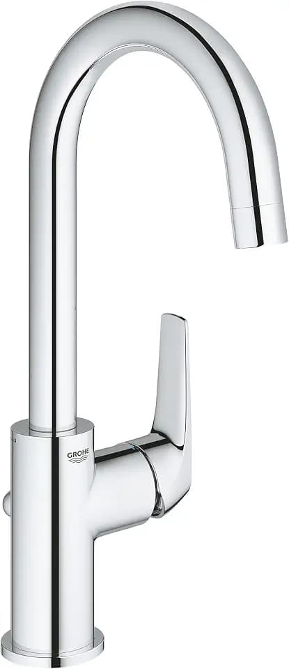 GROHE BauFlow, Waschtischarmatur hoch, wassersparend (Wasserhahn für das Bad, Badarmatur mit Zugstangen-Ablauf, 31cm hoch, einfache Installation am Waschbecken, langlebige Oberfläche), chrom, 23753000