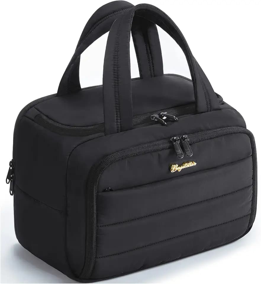 Bagstellar Travel Toiletry Bag for Women, Lightweight Large Quilted Puffy Makeup Bag Wide-open Make up Organizer Cloud Cosmetic Bag w/Handle for Traveling, Toiletries, Essentials, Accessories, Black