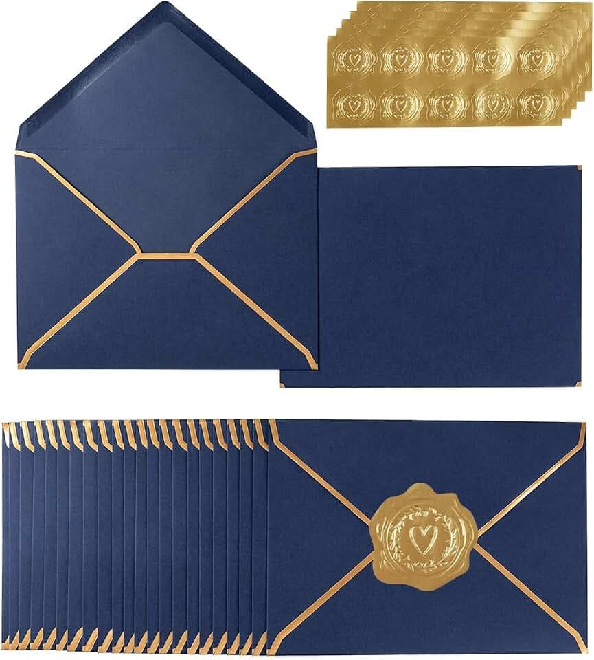 100 Pack A7 Envelopes 5x7 Navy Blue Gold Border 5.32x7.28 Inches