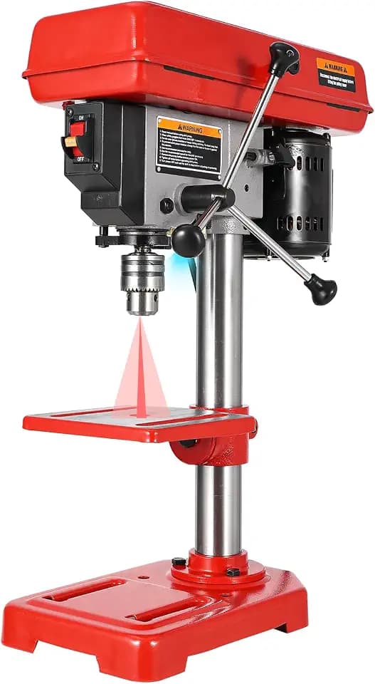 8" Benchtop Drill Press, Laser Ray (Class II Max. 1mW), Tabletop Drilling Machine with 5 Adjustable Speeds (620 to 3100 RPM), 0-45°Tilting Worktable with LED Light (1W), for Wood or Metal