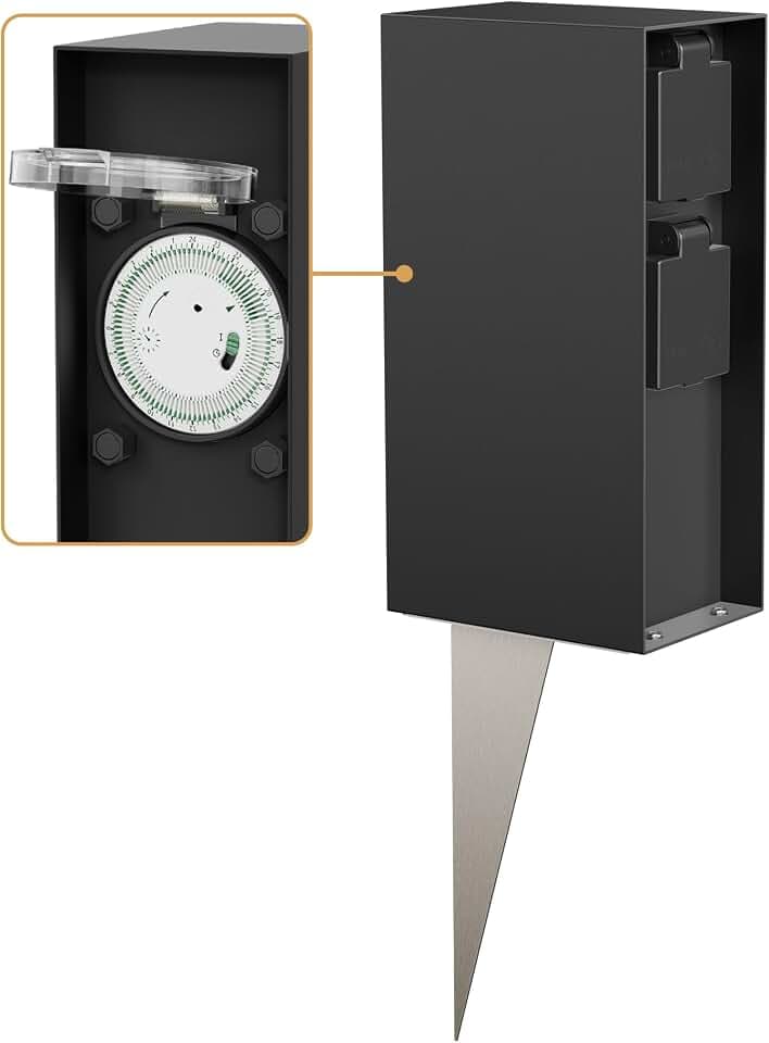 ledscom.de Garten-Steckdosensäule POMI mit Erdspieß für außen, IP44, Timer/Zeitschaltuhr, 2-Fach, schwarz, eckig, 23cm