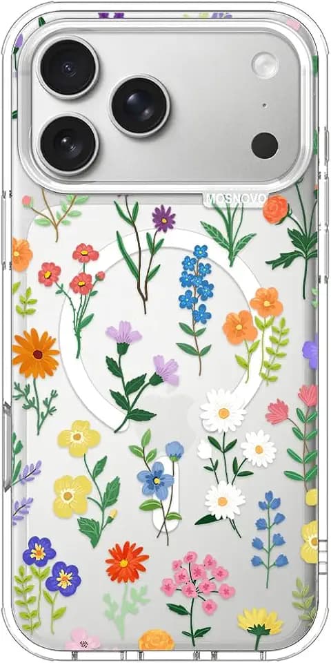 MOSNOVO for iPhone 17 Pro Max Case | Compatible with Magsafe | Military Grade 6.6ft Drop Tested | Camera Control | Clear with Botanical Floral Design