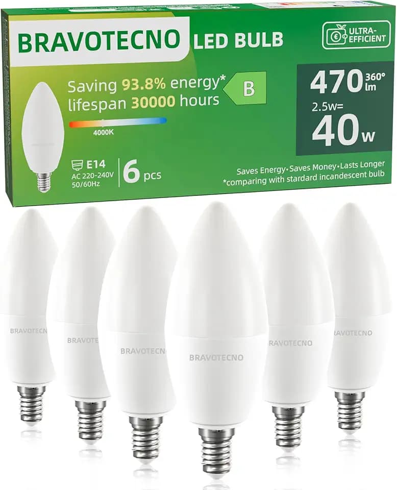 E14 LED Glühbirne, Energieklasse B E14 LED Neutralweiss, 4000K 2.5W 470LM C37 Neutralweiß Leuchtmittel Entspricht 40W, 360° Abstrahlwinkel, Nicht Dimmbar, Wärmearm & Langlebig, 6 Stück