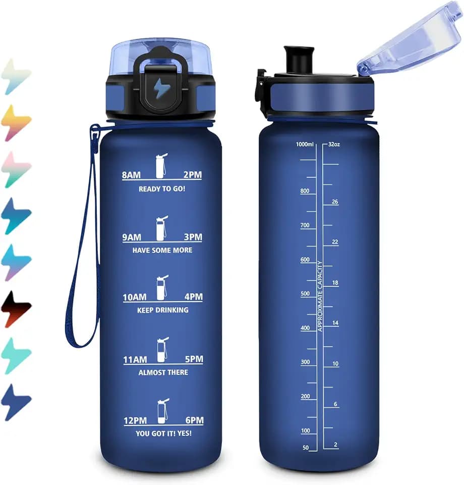 Trinkflasche 1L, Sport Wasserflasche mit Filte, Einhandöffnung, Auslaufsicher, Kohlensäure Geeignet, Motivierende Trinkflasche mit Zeitmarkierung, Sportflasche Perfekt für Camping, Fahrrad, Büro