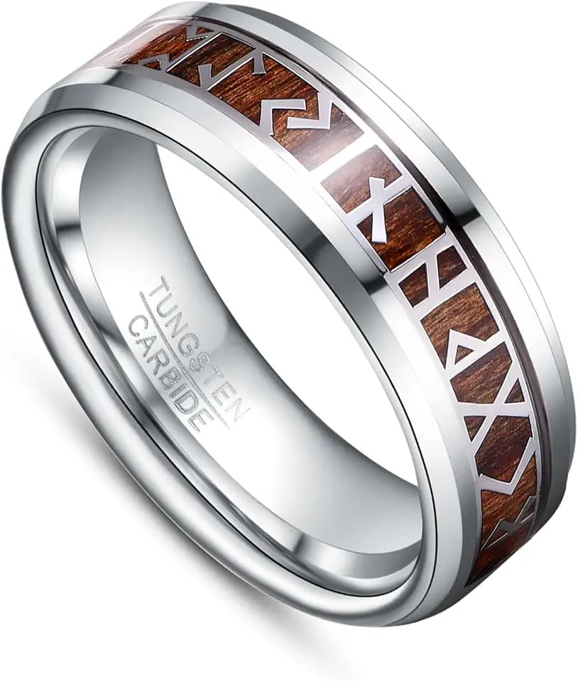 TUNGSTORY 8mm Mens Tungsten Wedding Bands Viking Rune Rings Size 6-13