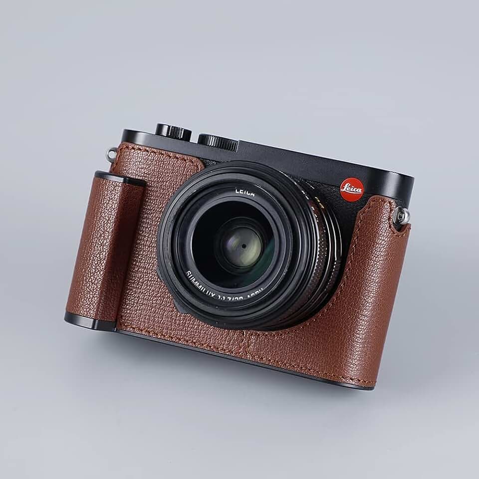 Camera Half Case for Leica Q2, Vintage Metal Genuine Leather Camera Protective Cases Stylish Portable Shockproof (Coffee)