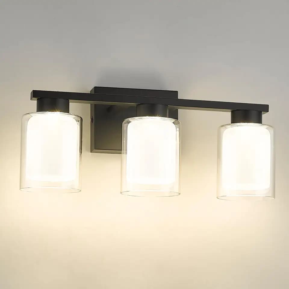 kudos 3-Light Bathroom Light Fixtures, Black Vanity Lights with Clear Glass and Frosted Glass, Modern LED Wall Sconces for Bathroom, 3000K/4000K/5000K Adjustable, KDVL04-BK-3