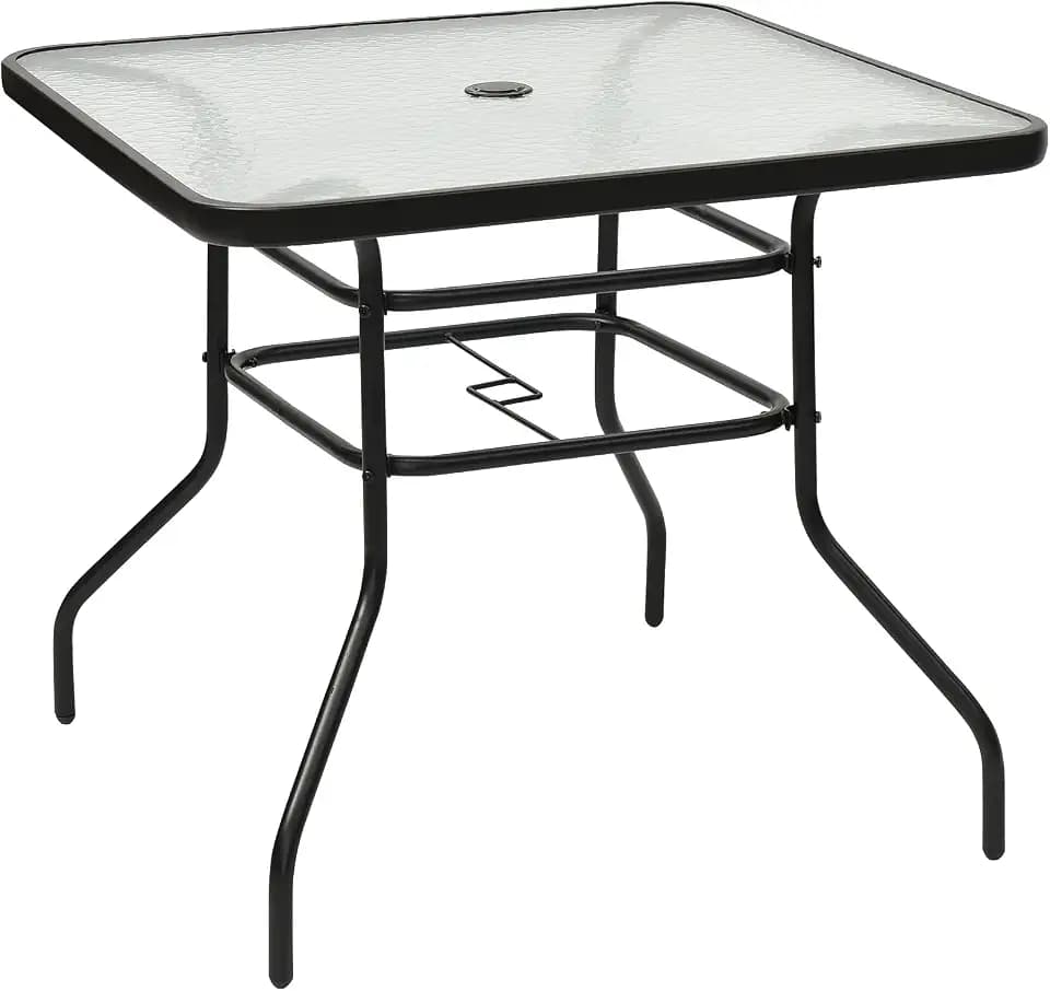 S AFSTAR Bistro Table Outdoor, Square Dining Coffee Table with Umbrella Hole & Tempered Glass Tabletop, Outdoor Patio Pub Table for Patio Garden Poolside Balcony Backyard, 32”L x 32”W x 28”H