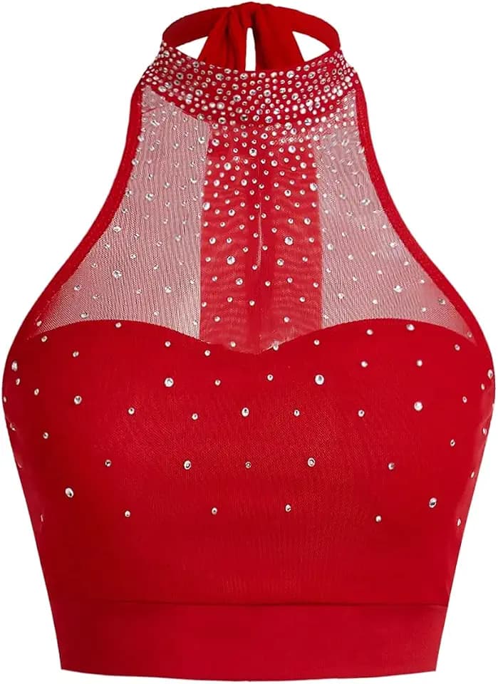 Floerns Women's Sleeveless Sheer Mesh Halter Tops Rhinestone Party Crop Tank Top