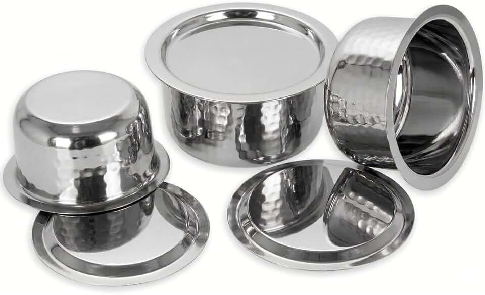 Stainless Steel Hammered Cookware Set of 3 with Lids – Induction & Gas Stove Safe Tope Set – Indian Cooking Pots for Serving & Storage – Durable Metal Saucepan Set (33, 47 & 60 oz)