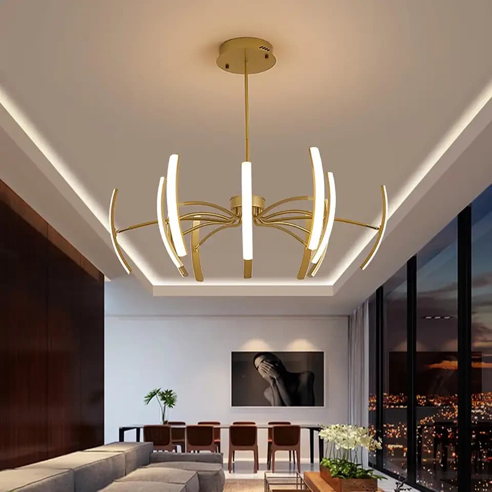 Moderner LED Kronleuchter dimmbar wohnzimmer hängeleuchte, led hängeleuchte esstisch、Goldener Kronleuchter - verformbar esstischlampe hängend (Golden, 12 Köpfe)