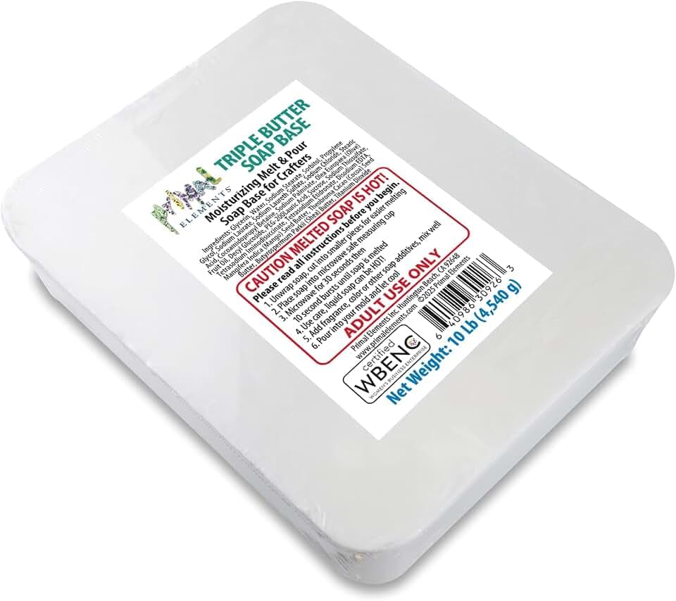 Primal Elements Triple Butter Soap Base (Mango, Shea, and Cocoa Butter) - Moisturizing Melt and Pour Glycerin Soap Base for Crafting and Soap Making, Easy to Cut - 10 Pound