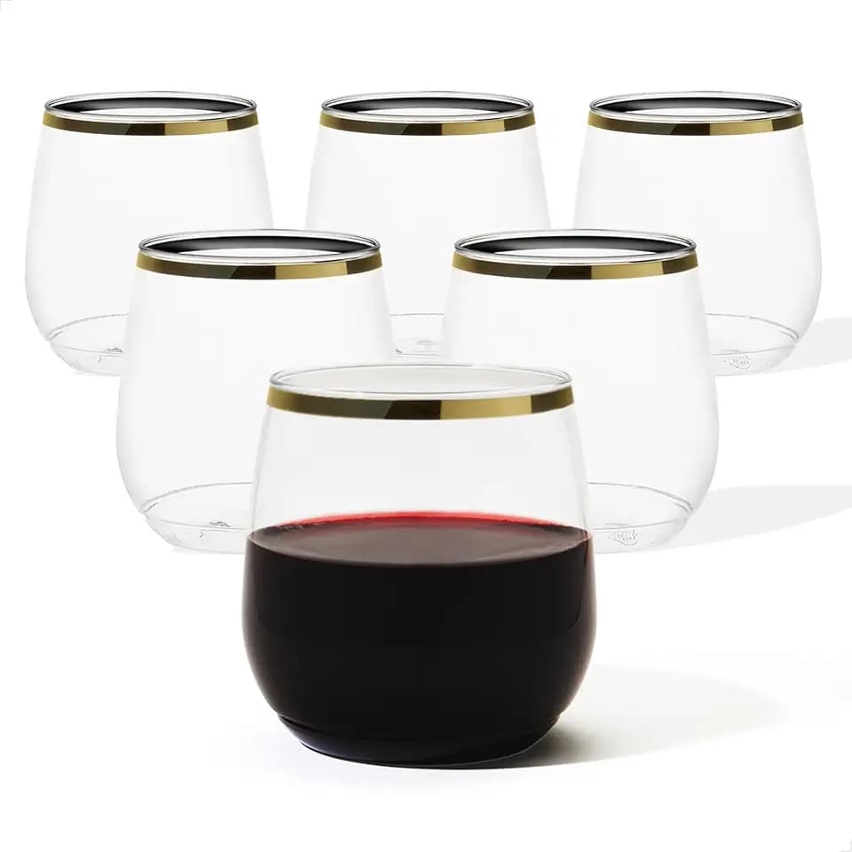 TOSSWARE POP 12oz Stemlesss Gold Rim Wine Glass Set of 48, Premium Quality, Recyclable, Unbreakable & Crystal Clear Plastic Cocktail Glasses