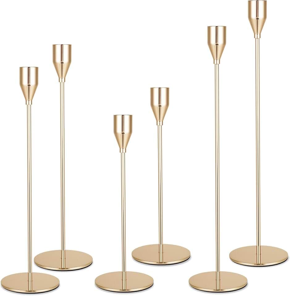 6 Teiliger Kerzenständer Metall, DREI Arten von Stabkerzenhalter mit Höhen von 33/28/23 cm, Dekor Kerzenhalter Stabkerze für Hochzeiten, Partys, Geburtstage, Tischdekorationen (Gold)