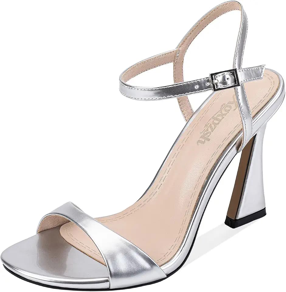 Women's Metallic Strappy Sandals, 4 Inch Flared Cuban Heel Open Toe Dress Shoes for Wedding Party Prom(s.8.5)