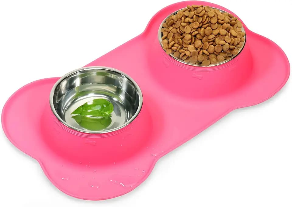 AsFrost Dog Food Bowls Stainless Steel Pet Food Bowls & Dog Water Bowls, Dog Bowls Silicone Mat No Spill Non-Skid Feeding Bowls for Small Size Dog Puppy Cat Food Dish, Pink, 3 Cup/24oz, Set of 2 Bowls