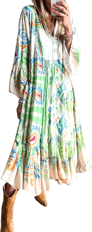 miduo Womens Casual Boho Summer 3/4 Sleeve V Neck Bohemian Tribal Print Flowy Midi Maxi Dresses