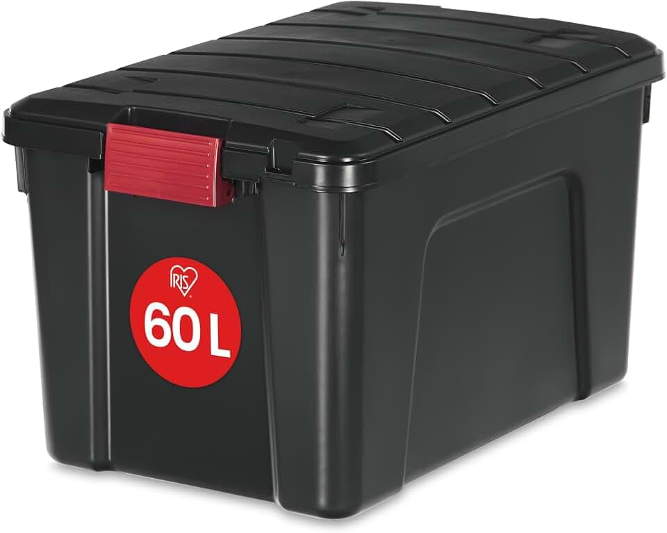 Iris Ohyama, Große Boxen, Aufbewahrungsboxen aus Kunststoff, mit Deckel und Verschlusskappen, 60L, 1er-set, stapelbar, Auf Rädern, BPA-frei, Dachboden, Schuppen, Garage, SIA-60, Schwarz