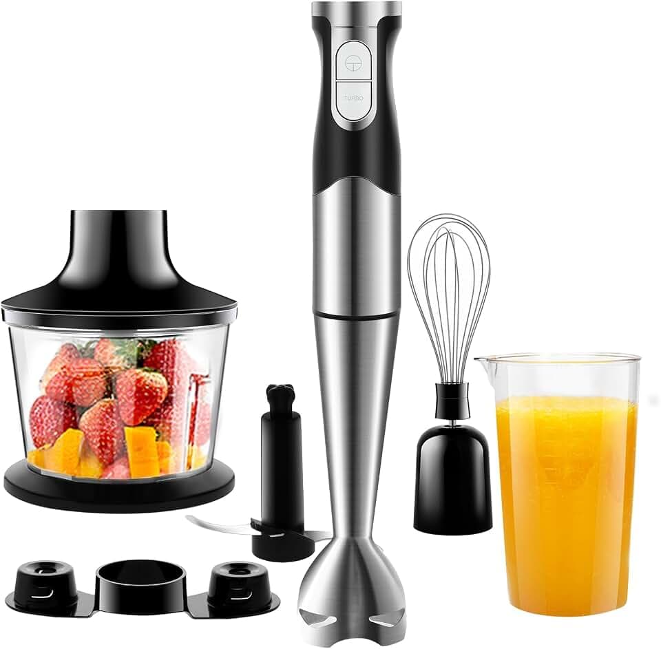 Stabmixer Set 6 in 1 Edelstahl 1200W für Babynahrung Salate Suppen Gemüse | Pürierstab mit 304-Edelstahlklingen, mehrstufiger Geschwindigkeitsregelung mit Turbo-Taste vielseitigem Zubehör