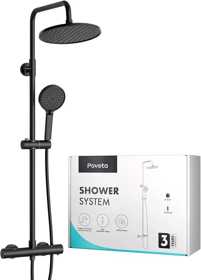 Duschsystem mit Thermostat Schwarz, Duscharmatur Komplettset