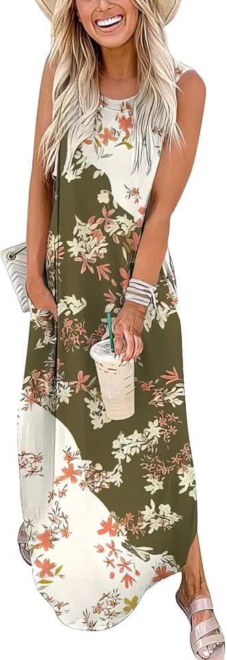 ANRABESS Women Summer Maxi Dress Casual Sleeveless Beach Sundress &Pockets