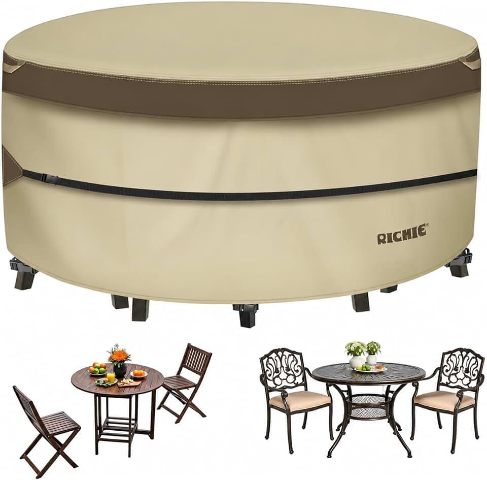 RICHIE Outdoor Patio Furniture Cover - Heavy Duty Waterproof 600D Tough Canvas Protector for Round Table Cover, All-Season Dining Table and Chair Cover (48"DIAx28"H)