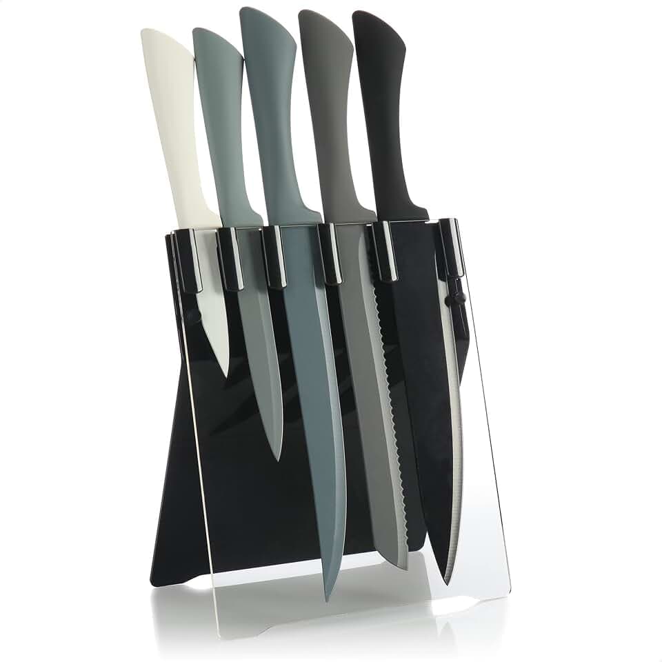 com-four® 5-teiliges Messerset mit Halterung, Messer aus Edelstahl