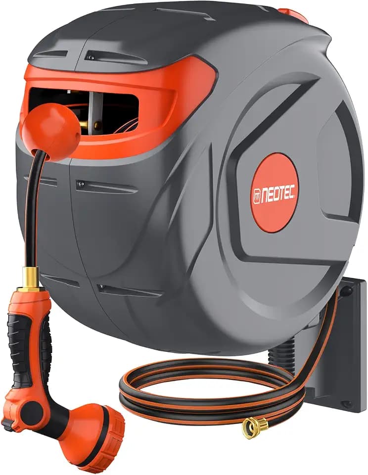 100FT Retractable Garden Hose Reel 1/2 Inch, Wall Mounted Heavy Duty Water Hose with Auto-Lock & 9-Pattern Nozzle, 180° Swivel, Slow Return System — UV Resistant Outdoor Storage