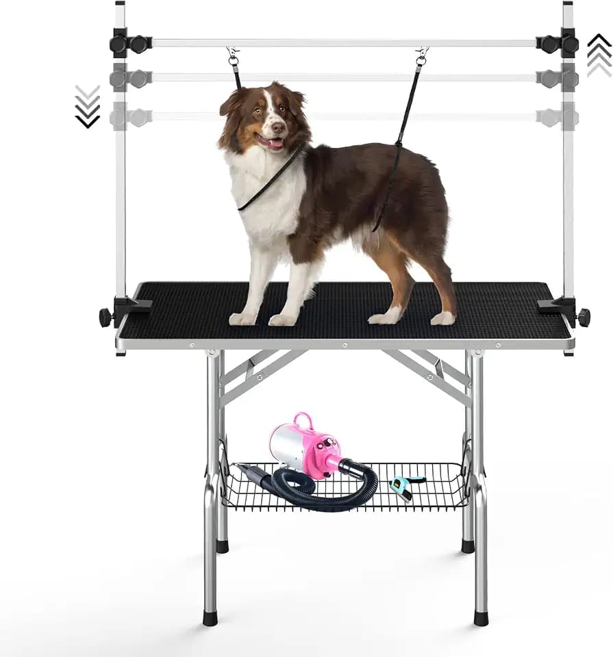 Lyromix 46'' Stainless Steel Pet Dog Grooming Table, Arm/Noose/Tray, Black