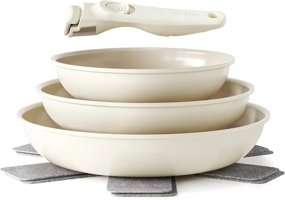 Redchef Pfannenset mit Abnehmbarer Griff, Pfanne Induktion, Keramikpfanne mit Antihaftbeschichtung, 6-Teiliges 20, 24, 28 cm Platzsparend Keramik Pfannen, PTFE-, PFOA- und PFAS-frei, Beige