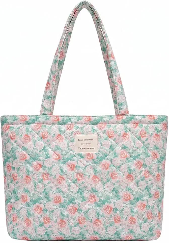 Floral Quilted Cotton Shoulder Bag for Women Daily Use Medium Size Handbag Large Capacity Thickened Design Tote