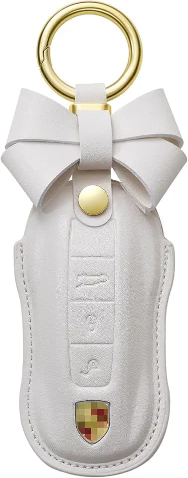 Key Fob Cover for Porsche,Key Fob Case Replacement for Porsche 718 911 Cayenne Panamera TAYCAN 3 Taste,Genuine Leather Anti-dust Full Protection Keychains Accessories for Men and Women（White）