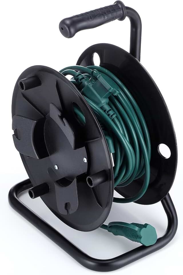 Yaocom Extension Cord Storage Reel with Metal Stand Black Cable Reel Holds up 500 Feet of 6 mm Cable/Cord/Hose Heavy Duty Open Roller Holder, Easy to Grip Handles