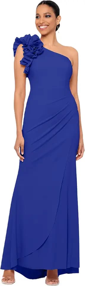 Xscape Women's Xscape Women's One-Shoulder,Floor-Length, Scuba Crepe Dress, with Ruffle Detail (Petite)
