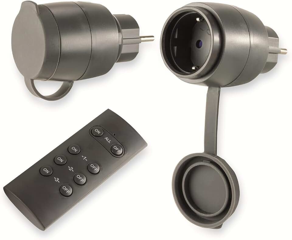 REV 2x Funksteckdosen mit Fernbedienung bis 30m, 3680W/St, IP44, schwarz