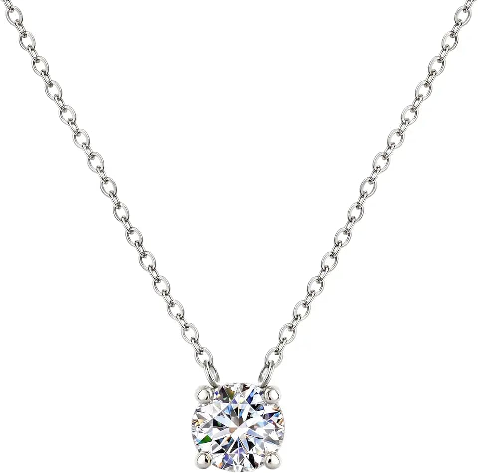 18K Gold Plated Pendant Necklace for Women, 1.2 Carat 7mm Cubic Zirconia Solitaire Dainty Necklace, Anniversary Birthday Mothers Day Gift Adjustable Chain
